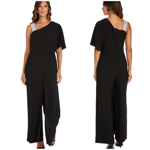 NWOT R&MRichards Wide Leg Jumpsuit  with Overlay/Rhinestone Shoulder Strap Sz 8 - Picture 1 of 14